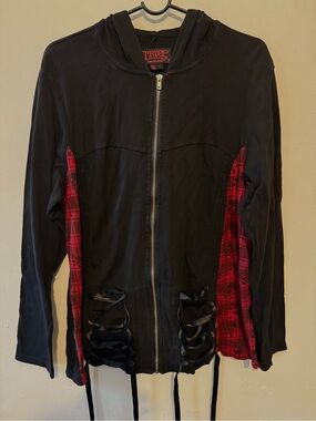 Tripp NYC Black Hoodie with Red Plaid skull Panels